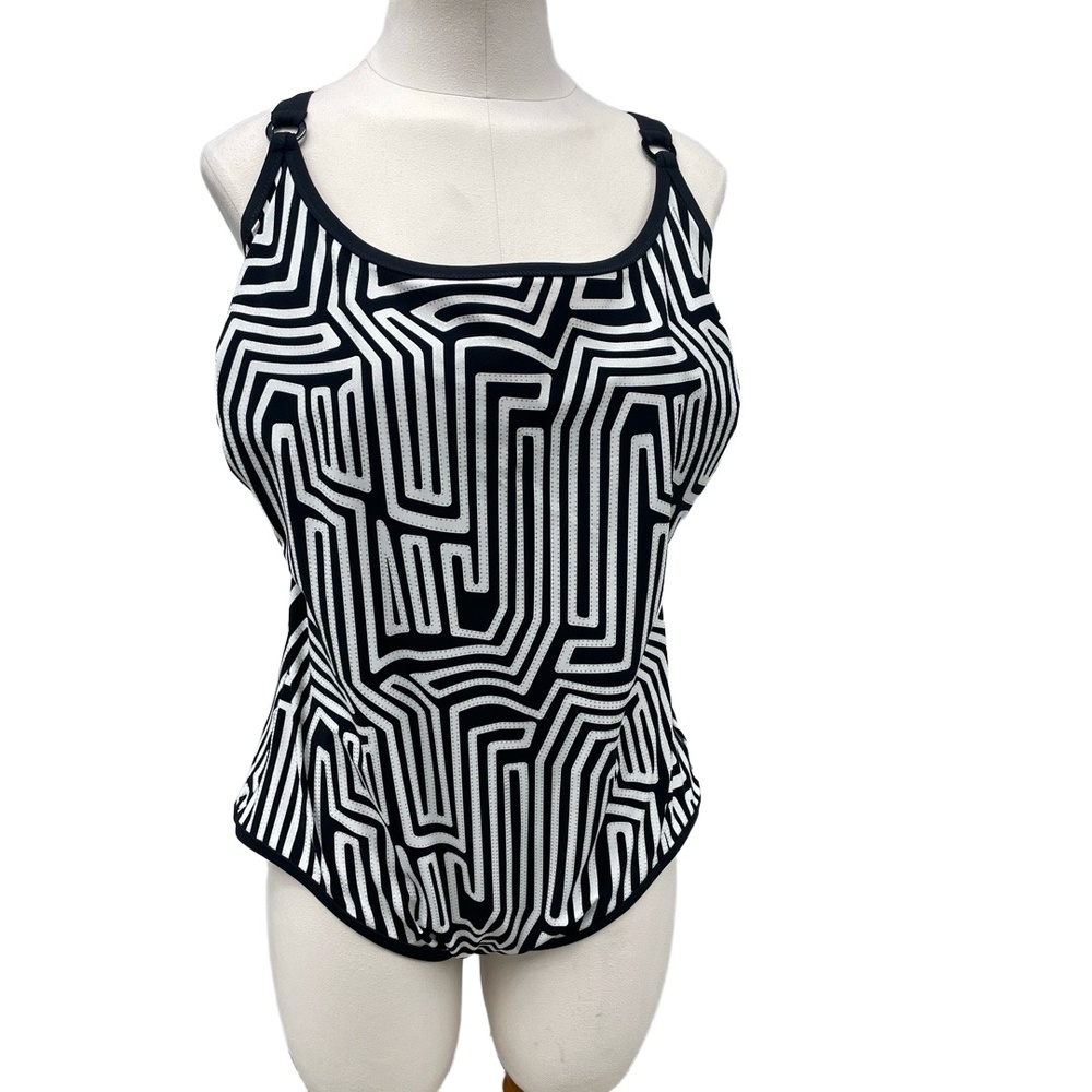 NWT‎ Rosa Faia Marinet Black White Geo Adjustable Straps Tank Swimsuit Size 16 F